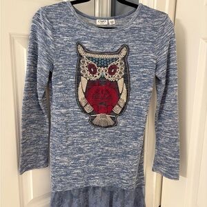 Cato Blue Marled Long Sleeve Top with Embroidered Owl
